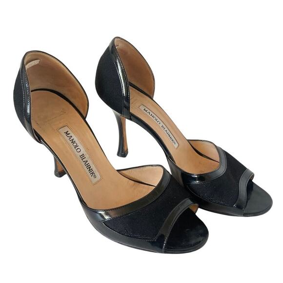 Manolo Blahnik Black Open Peep Toe Canvas and Patent Heels Shoes • Size 36 - Picture 1 of 8